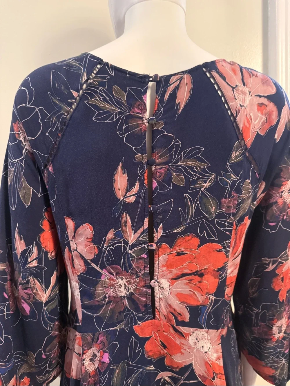 Free People Navy Floral Mini Dress with Coral and Pink Blooms